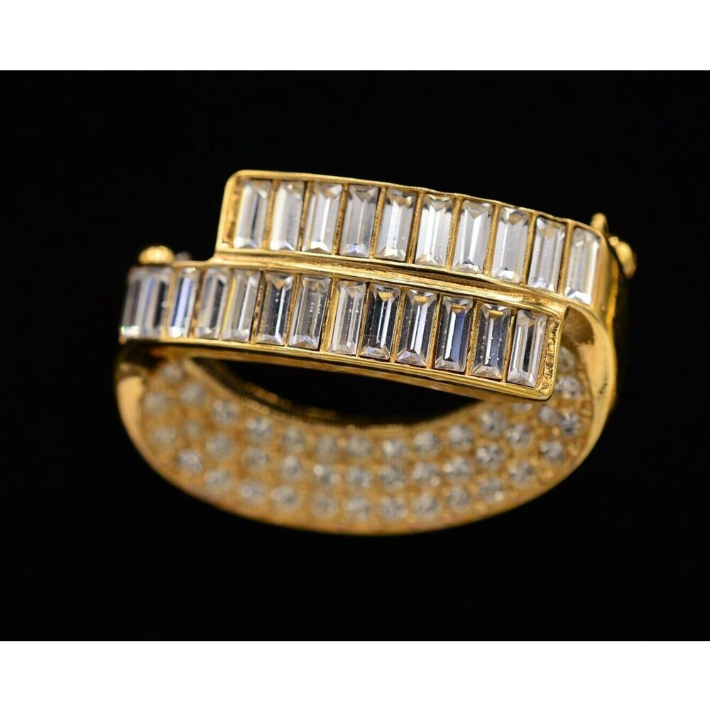 Vintage Baguette Crystal Brooch Pin Rhinestone Gold Shiny Designer Signed BinJ